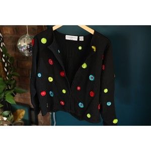 Marisa Christina Womens Sweater PM Black / Embroidered Knit Button Cardigan